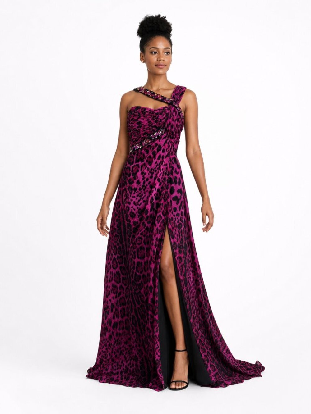 Cassandra Stone by Mac Duggal One-Shoulder Gown 2 Fuchsia Leopard Print Beaded